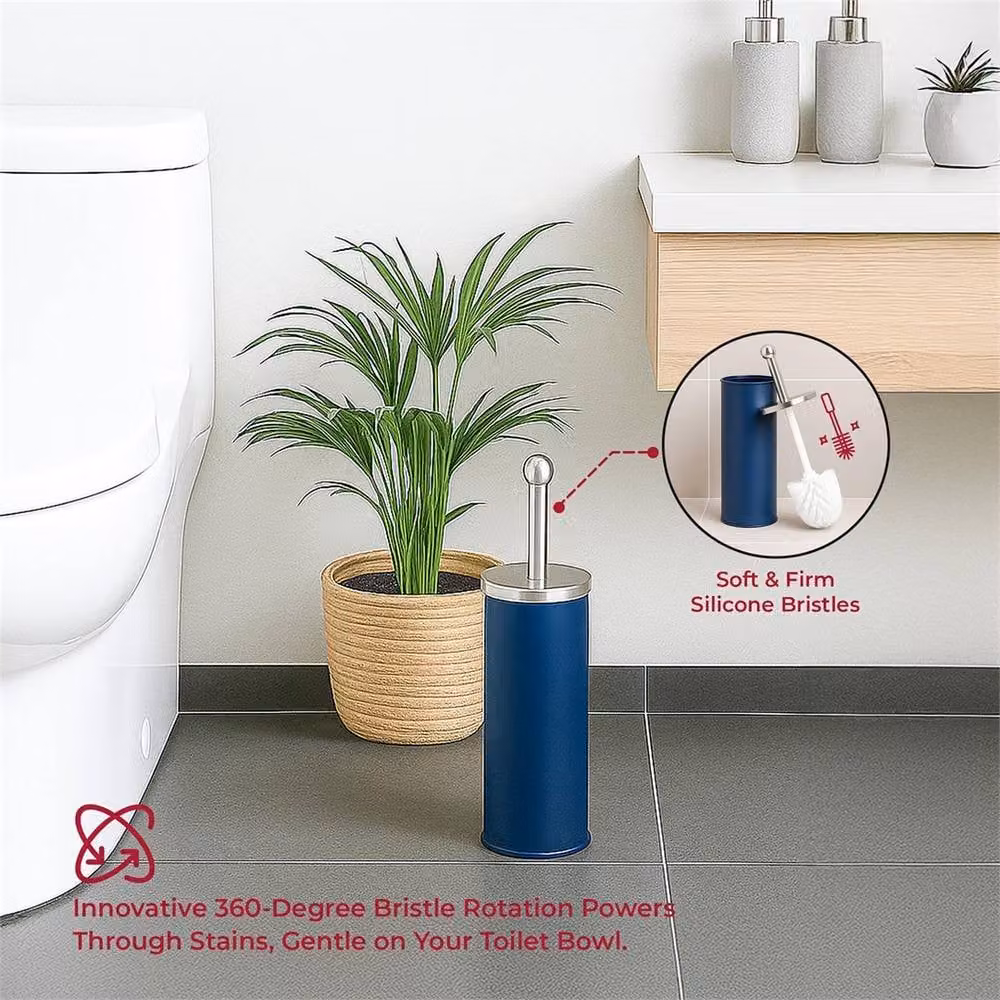 VOGREX Blue Stainless Steel Toilet Brush Set with Matt Holder Cup – 3
