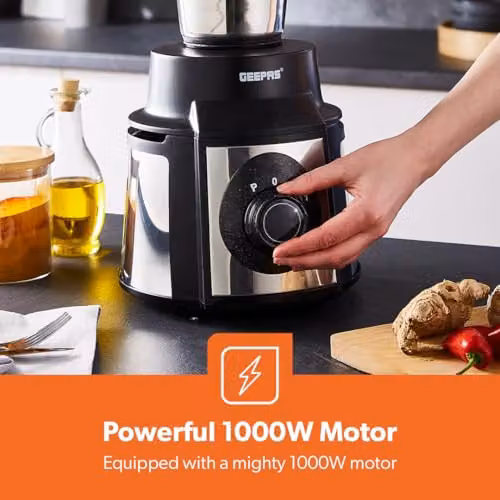 Geepas 5-in-1 1000W Mixer Grinder with 3 Stainless Steel Jars and 1.5L Juice Jar in Black and Transparent – 6
