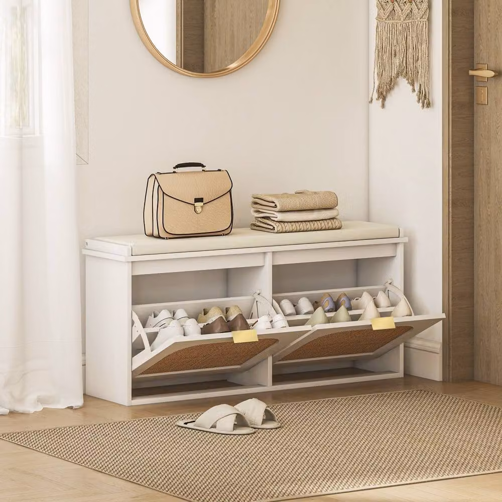 Wyld Haus Hano White and Beige Boho Shoe Bench with Cushioned Seat and 2 Rattan Flip Drawers – 3