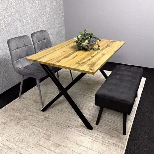 KOSY KOALA Modern Dining Set with Rectangular Wood Effect Table, Padded Bench and 2 Grey Velvet Chairs with X-Shaped Metal Legs