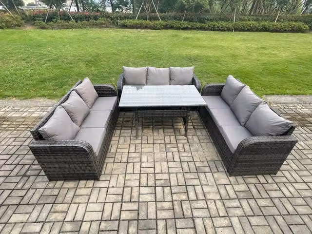 Fimous 9 Seater Rattan Garden Furniture Set with Oblong Rectangular Dining Table in Dark Grey Mixed