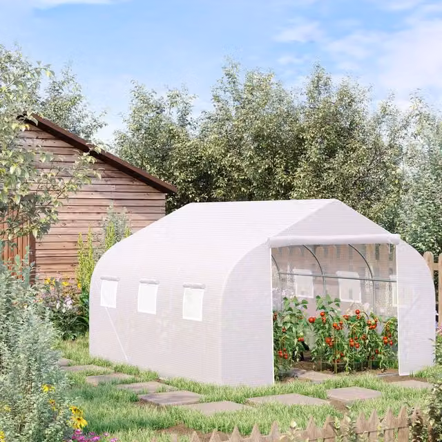 Outsunny White Walk In Tunnel Greenhouse with Roller Window and Galvanised Steel Frame