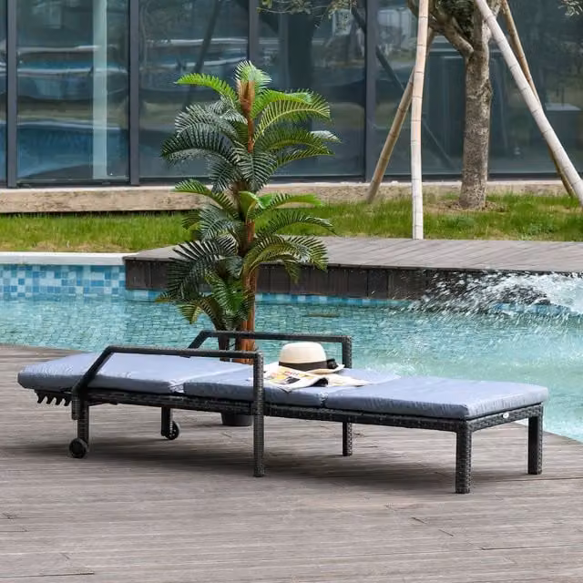 Outsunny Grey Polyrattan Wicker Chaise Sun Lounger with Adjustable Headrest and Castors