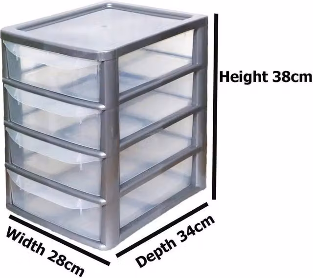FLAVORA A4 4 Drawer Plastic Storage Drawers in Silver, W: 50 cm, D: 38 cm, H: 28 cm