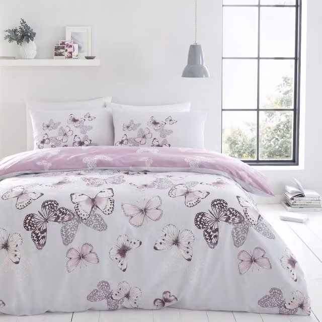 Catherine Lansfield Reversible Butterfly Floral Cotton Duvet Cover Bedding Set in Heather Grey, Pink and Purple
