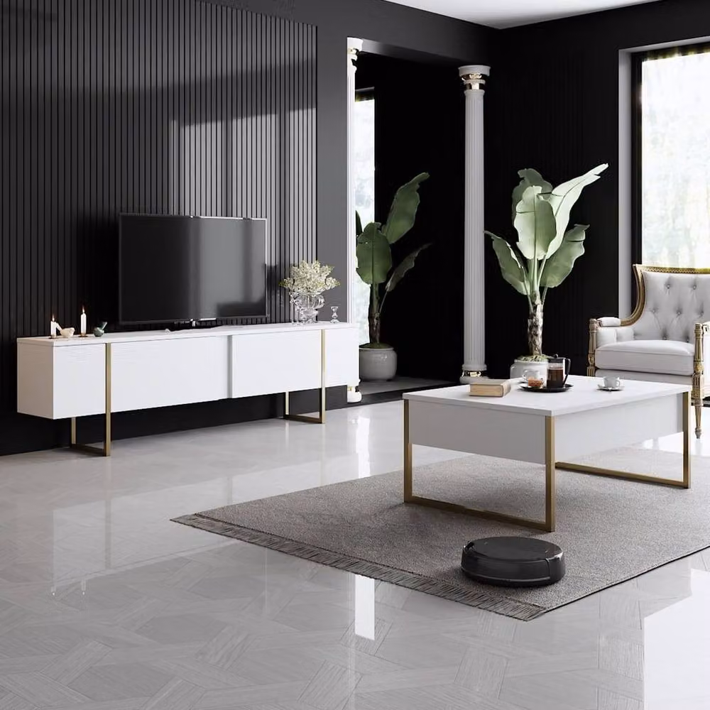 Calicosy Luxury Modern TV Stand with 2 Drop-Down Doors, White, W: 180 cm, D: 30 cm, H: 30 cm – 5