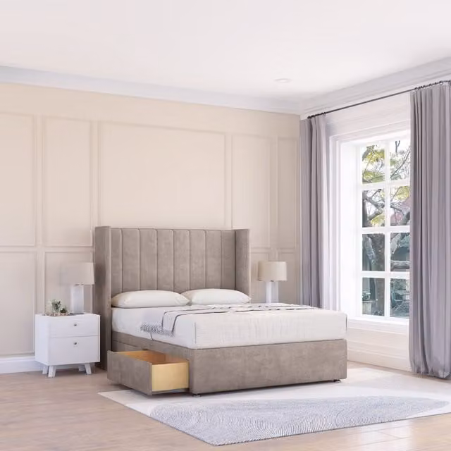 Sloomy Falcon Plush Wingback Bed Set with 2 Drawers and Floor Standing Headboard in Stone, Size: Small Double (W/D/H: 120 x 200 cm)