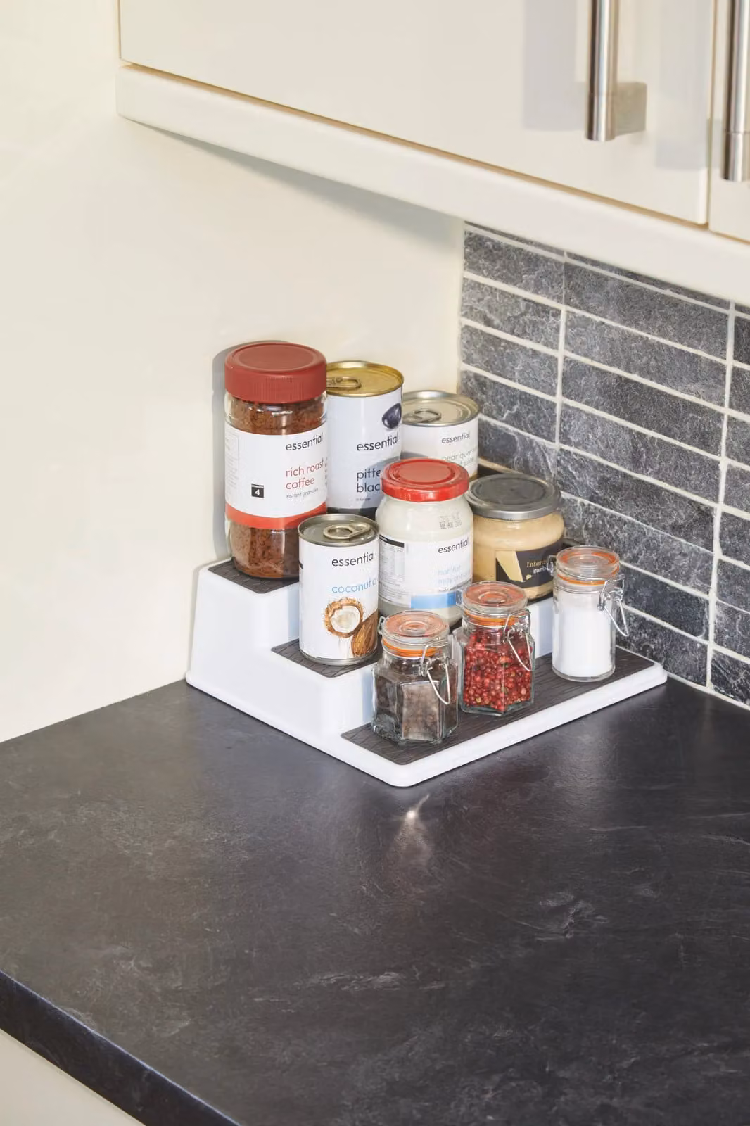 Copco 3-Tier Non-Slip Spice Rack and Cupboard Organiser, White/Grey, W: 25 cm x D: 25 cm x H: 8.5 cm – 6