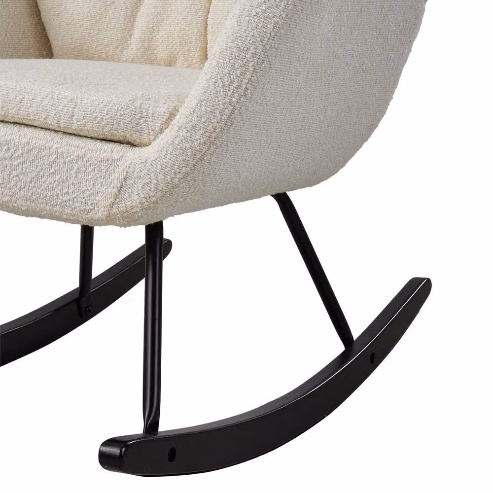 VOGREX White Bouclé Fabric Nursery Rocking Chair with Wooden Legs and Armrests – 2