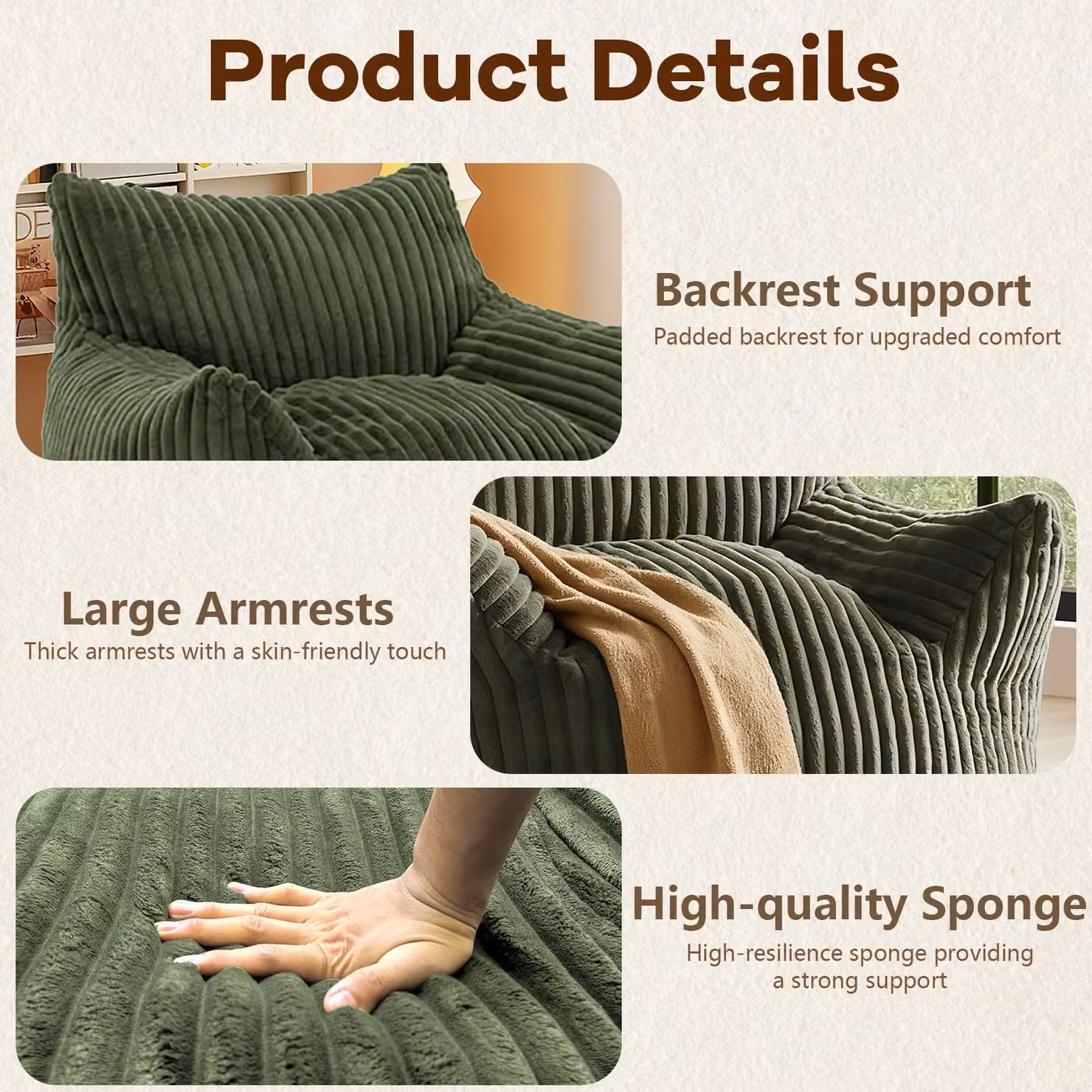 Aosom Green Plush Bean Bag Sofa with Armrests and Foam Chunks, W/D/H: 90 x 103 x 70 cm – 3