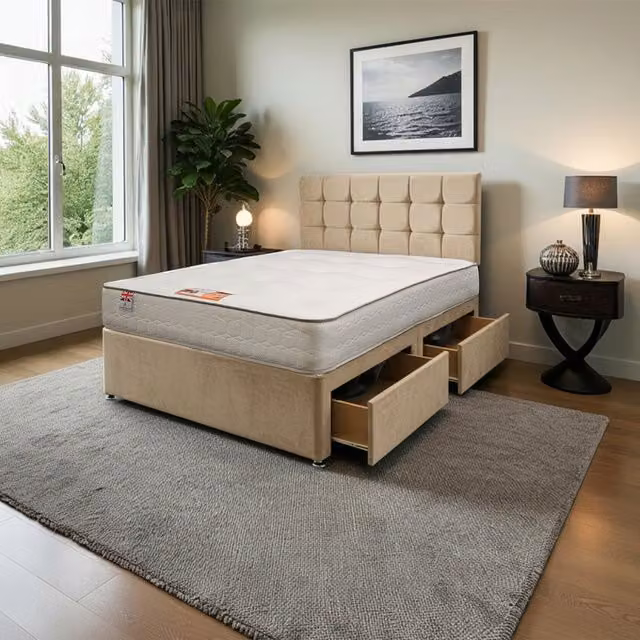 Knight Sleep Modern Upholstered Bed Set with Mattress and Headboard in Beige and White, W/D/H: 120 x 200 cm