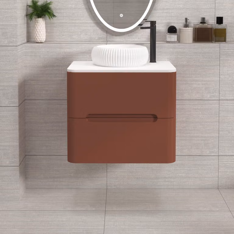 Royal Bathrooms Venice 600mm Wall Hung Vanity Unit in Terracotta Clay with 2 Drawers and White Milan Basin
