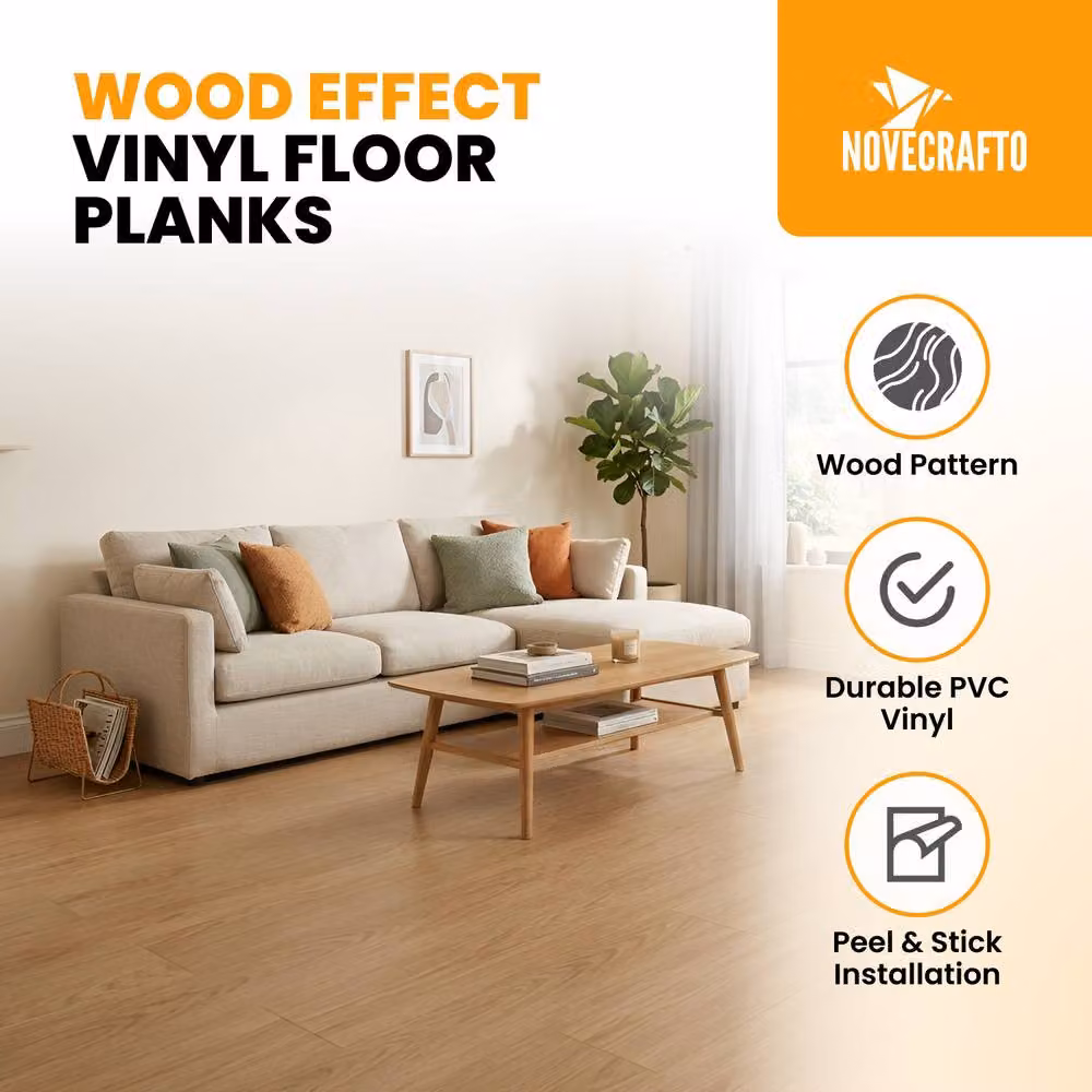 Novecrafto Self Adhesive Wood Look Vinyl Floor Planks, Pack of 10, Beige and Brown, Size: 91.4 x 15.2 cm – 2