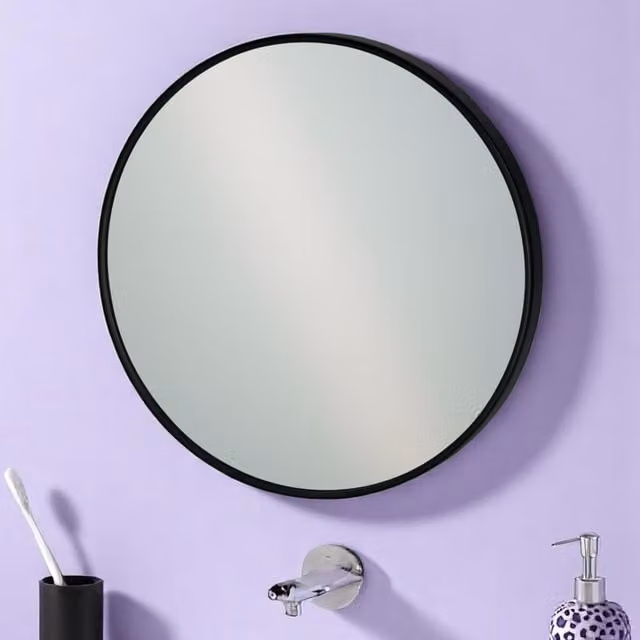 Portobello Round Wall Mounted Bathroom Mirror with Matt Black Metal Frame, Diameter: 40 cm