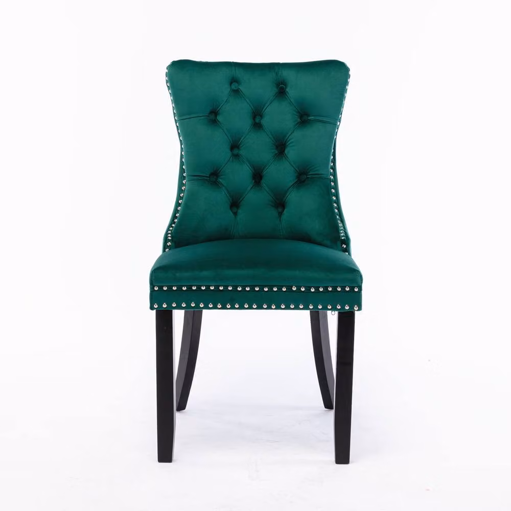 Modern Home Touch Romsey Set of 2 Velvet Upholstered Dining Chairs with Oak Legs and Knocker Ring Back in Green – 3