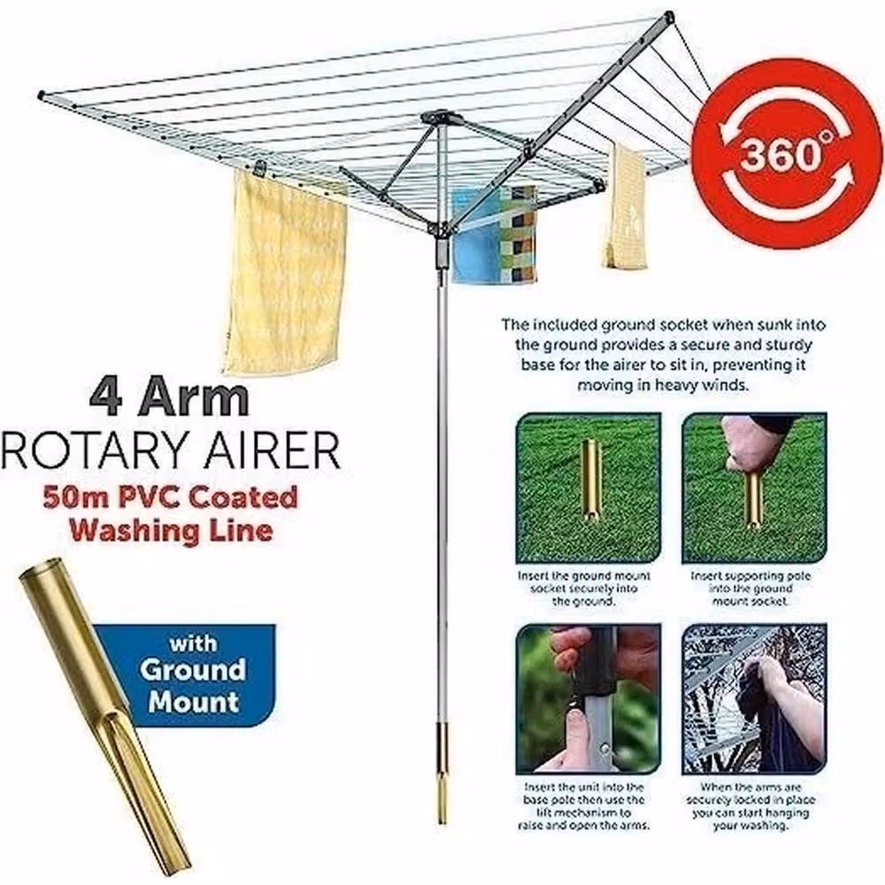 NESTLUNE 4-Arm Heavy Duty Rotary Airer Washing Line in Silver, W: 100 cm, D: 15 cm – 3