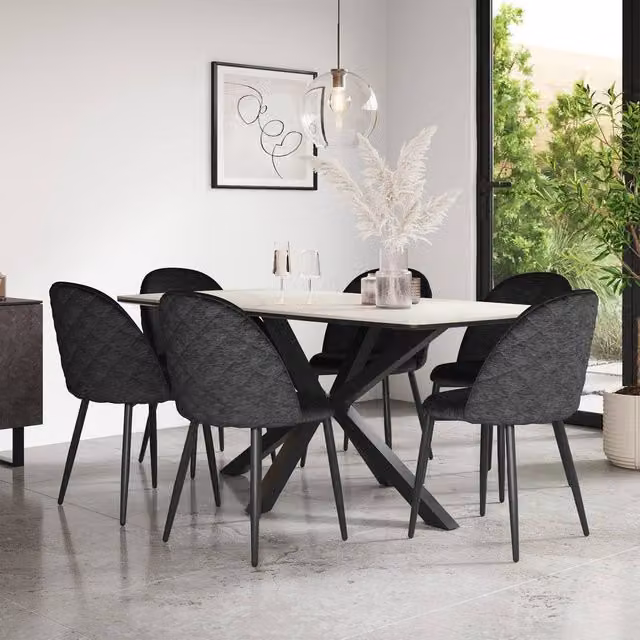More4Homes Juno White Marble Ceramic Rectangular Dining Table and 6 Raye Black Velvet Chairs