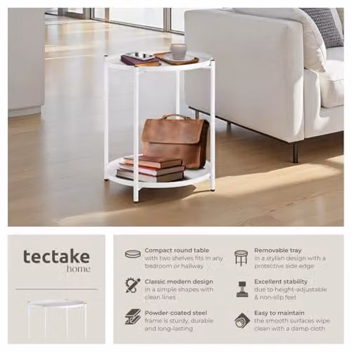 tectake Round Minimalist Side Table in White with Height-Adjustable Feet, W/D/H: 45.5 x 45.5 x 53 cm – 3