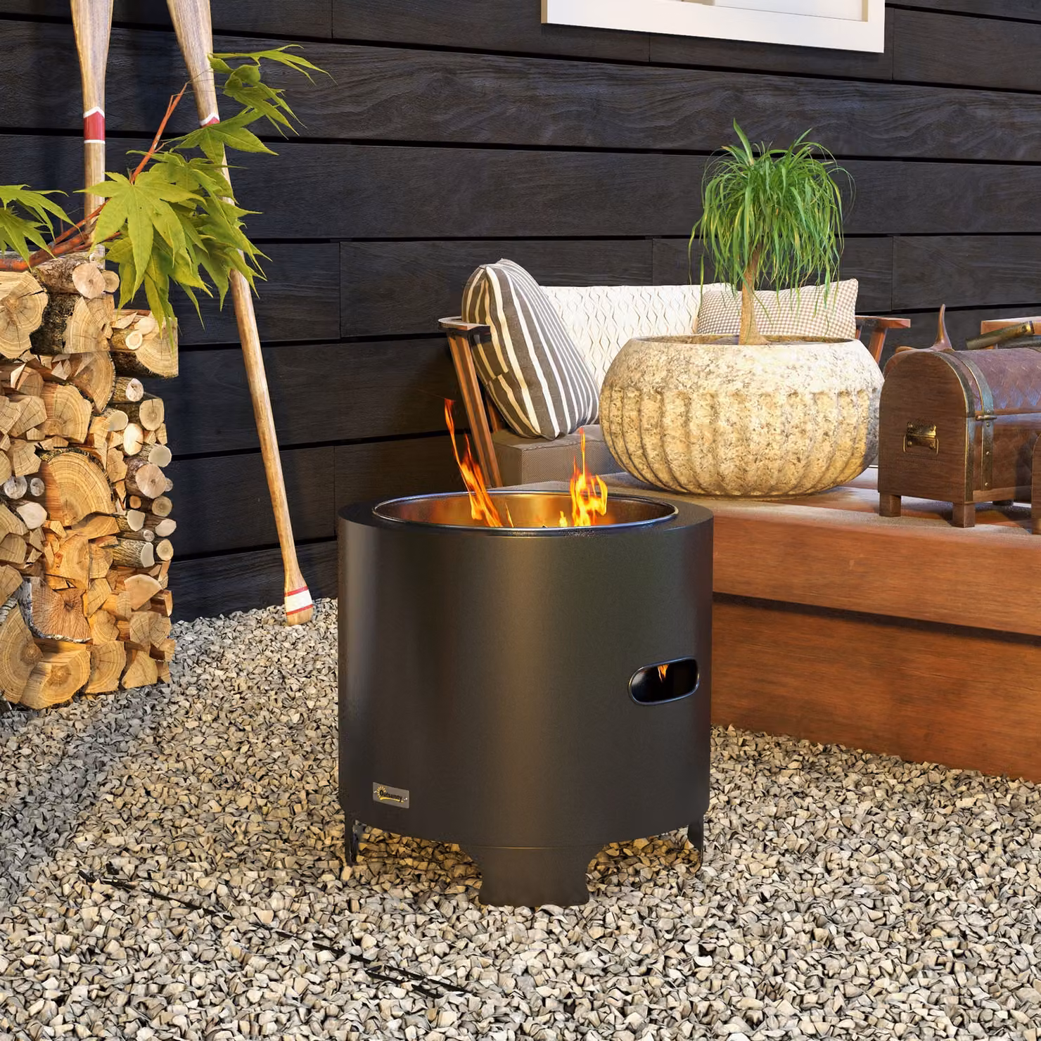 Outsunny Smokeless Wood Burning Fire Pit, Black Metal Portable Round Bonfire Stove with Poker, Diameter: 45 cm – 2