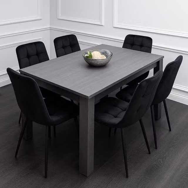 KOSY KOALA Modern Rectangular Dining Set with 6 Black Velvet Chairs in Brown