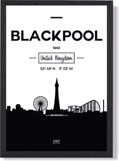ARTZE Blackpool Black and White City Skyline Framed Print, A2 – 1