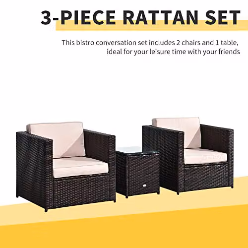 Outsunny 3 Piece Rattan Garden Furniture Set with Upholstered Cushions and Glass Top Coffee Table, Brown – 6