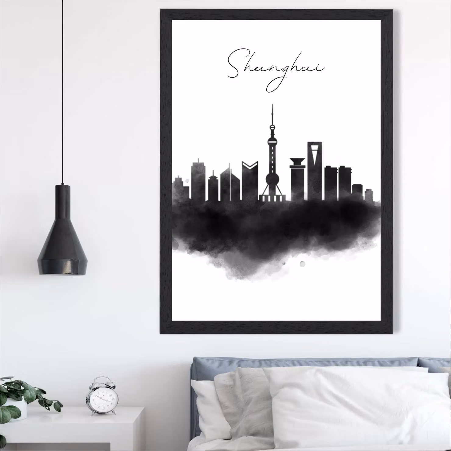 ARTZE Shanghai Watercolour Skyline City Framed Print in Black – 2