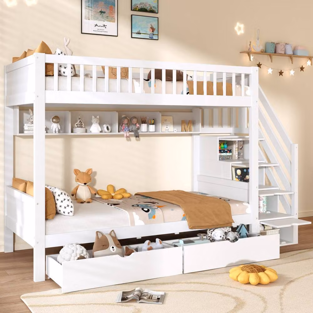 BTM White Solid Wood Single Loft Bed Frame with Storage Drawers and Stairs, W/D/H: 90 x 190 x 220 cm – 2