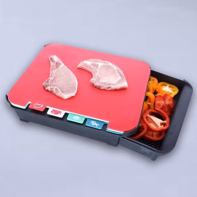 Calitek Red Plastic Rectangular Chopping Board Set of 4 with Stand and 2 Drawers