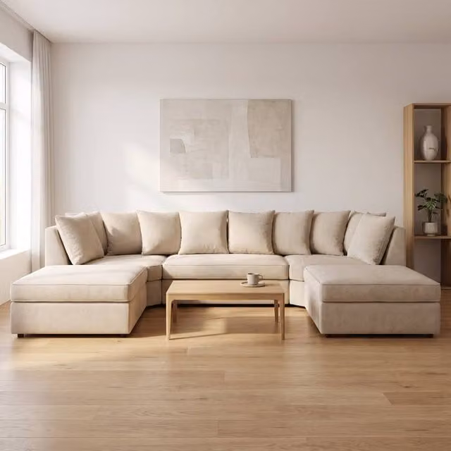 Abakus Direct Verona U-shape Corner Sofa in Beige Linen Fabric with Matching Ottoman and Scatter Cushions – 1