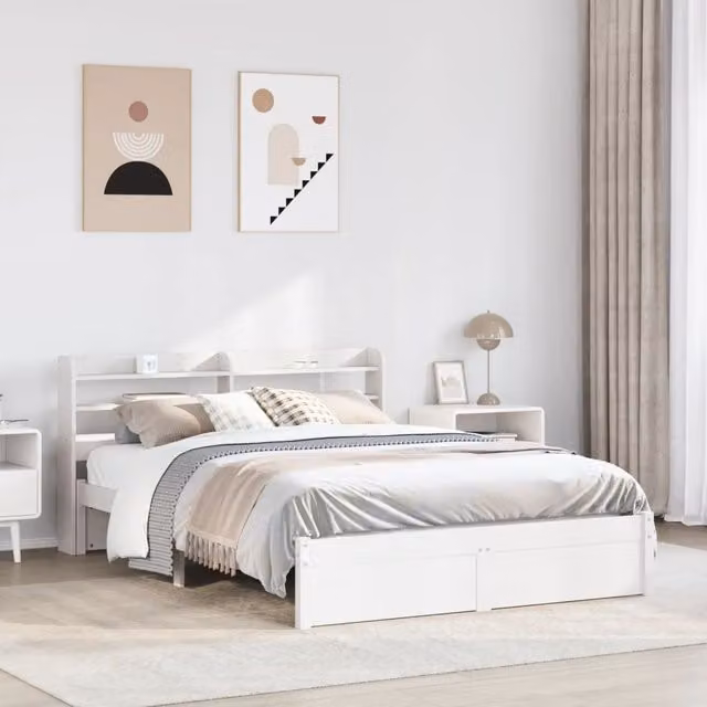 Berkfield Home King Size Bed Frame with Headboard in White Solid Pine Wood, W/D/H: 150 x 200 cm