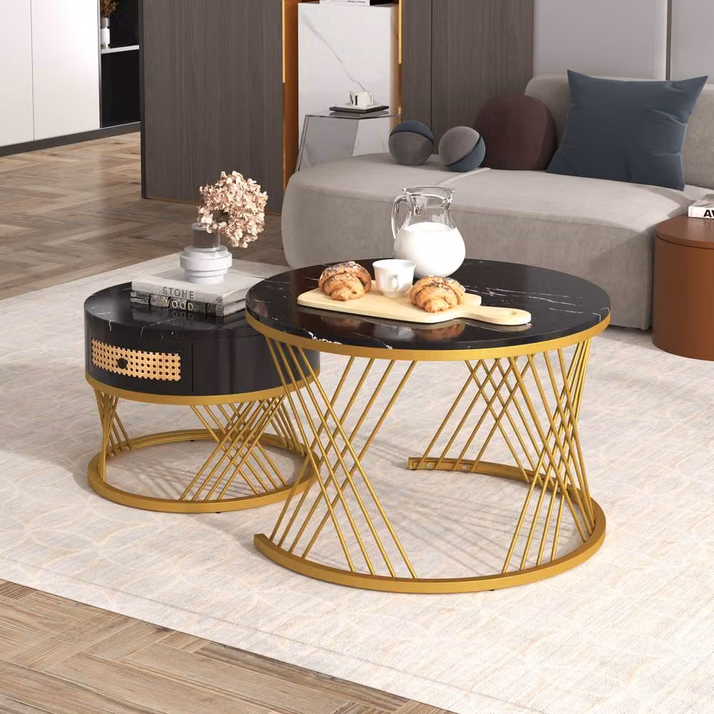 BTM 2-in-1 Round Nested Coffee Tables with Rattan Drawers in Black, Gold and Multicolour, MDF and Metal – 3