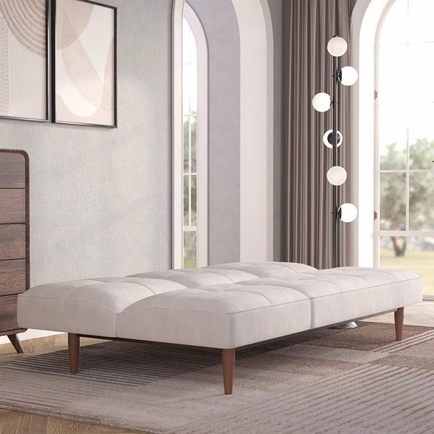 Living and Home 3 Seater White Microfibre Fabric Click Clack Sofa Bed with Walnut Wood Legs – 3