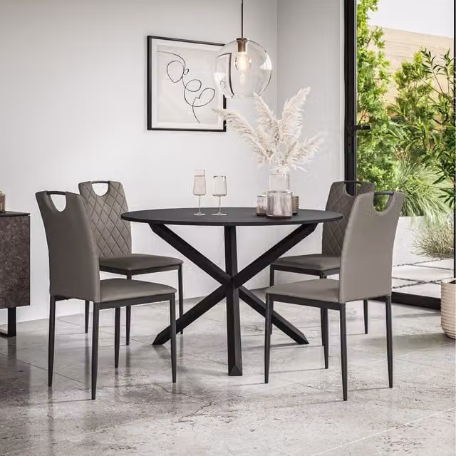 More4Homes Malvern Round Black Dining Table Set with 4 Grey Monza Chairs and Black Oak Legs, Diameter: 120 cm, Height: 75 cm