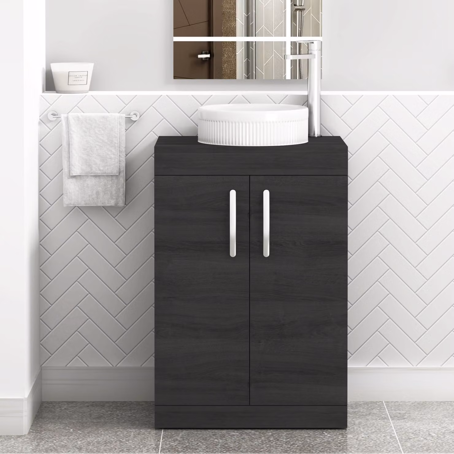 Royal Bathrooms Turin 600mm Floor Standing 2 Door Vanity Unit in Hale Black with Round Countertop Basin