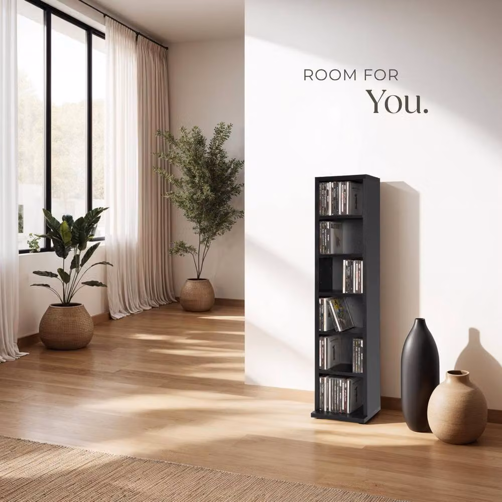 tectake Juliane Shelving Unit in Black with Adjustable Shelves and Media Compartments – 7