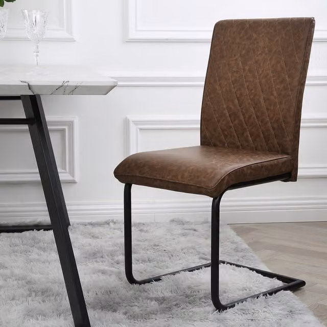Home Garden Direct Set of 2 Nelson Industrial Dining Chairs in Brown Synthetic Leather with Metal Cantilever Base