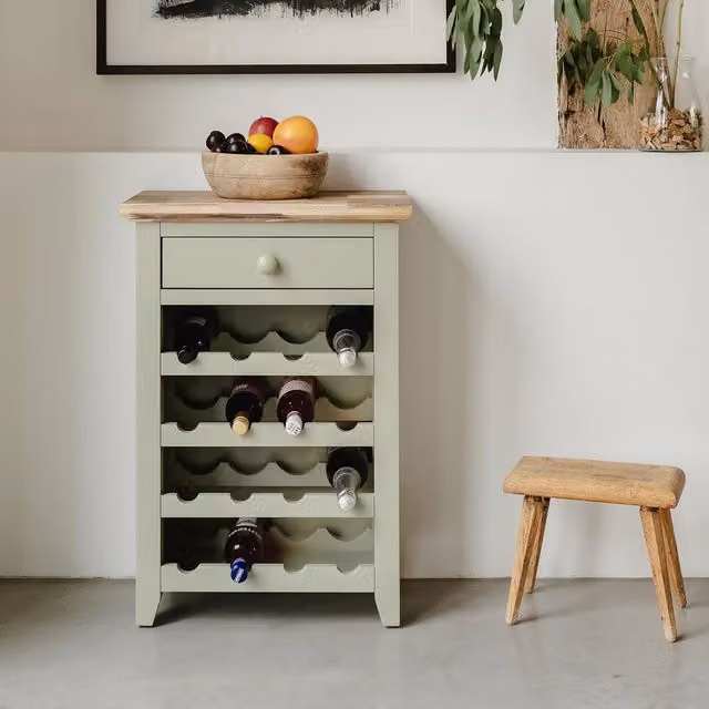 Florence Wine Rack with Drawer in Sage Green Acacia Wood, W/D/H: 80 x 30 x 55 cm
