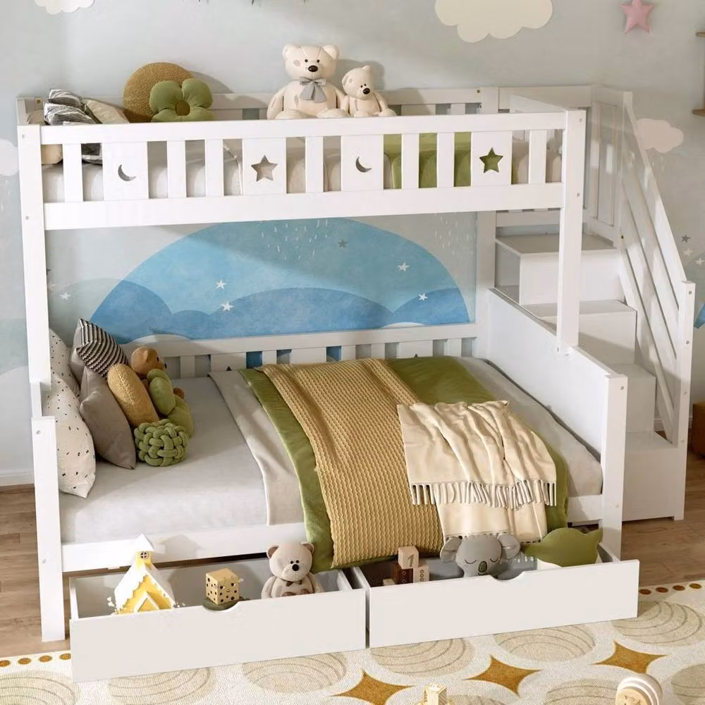 FORGEVIO White Solid Wood Bunk Beds with Storage Drawers and Stairs for Children, W/D/H: 90 x 190 cm – 2