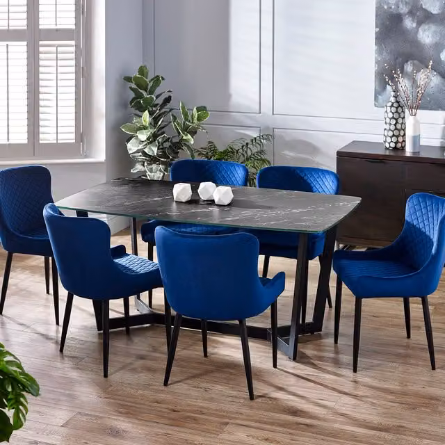 Julian Bowen Black and Blue Abstract Marble Effect Glass Dining Table and 6 Chairs Set