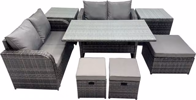 Fimous Modern Outdoor Furniture Set in Dark Grey featuring 2-Seater Sofa, 3 Stools, and 2 Side Tables with Powder Coated Steel Frame and Upholstered Cushions