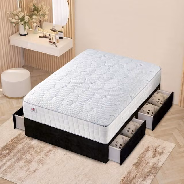 Horizona Black Upholstered Velvet Hybrid Divan Bed with Drawers W/D: 180 x 200 cm