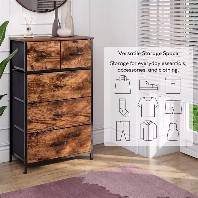 NESTLUNE Modern 5 Drawer Fabric Chest of Drawers in Brown, W: 100 cm, D: 15 cm