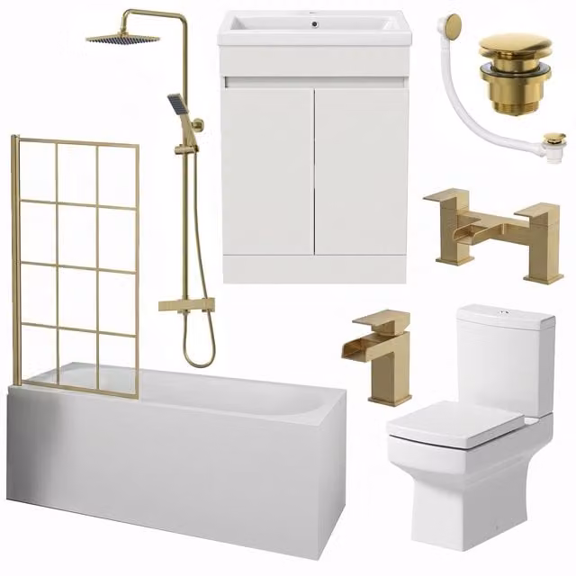 Bathwell Complete Bathroom Suite with Curved Acrylic Bath, Handleless Vanity and Shower in White and Gold