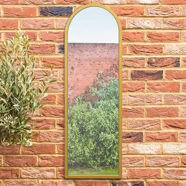 MirrorOutlet Arcus Modern Arched Outdoor Garden Wall Mirror in Gold, Height: 120 cm