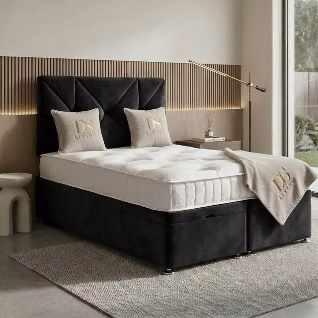 DS Living Eclipse Black Velvet Upholstered Ottoman Bed with Lift Up Base, W/D: 200 x 200 cm