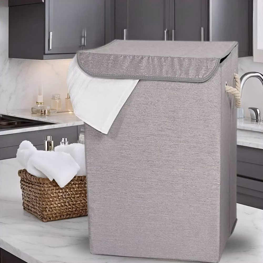 Kelvenix Collapsible Grey Fabric Laundry Basket with Lid and Handles – 2