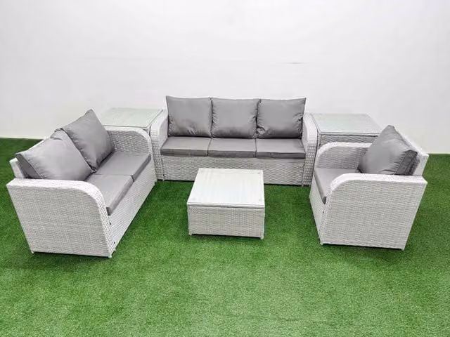 Fimous Patio 6 Seater Grey Rattan Outdoor Furniture Set with Square Coffee Table, 3 Seater Sofa, Loveseat, Reclining Chairs and Side Tables