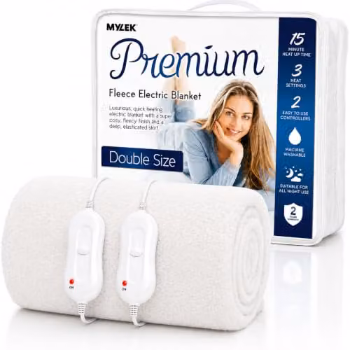 Mylek Double Fleece Fitted Heated Mattress Cover in White, W/D/H: 137 x 200 x 40 cm