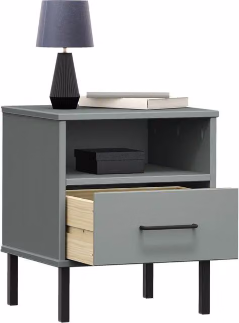 Berkfield Home Oslo Bedside Cabinet in Grey Solid Pine Wood with Metal Legs